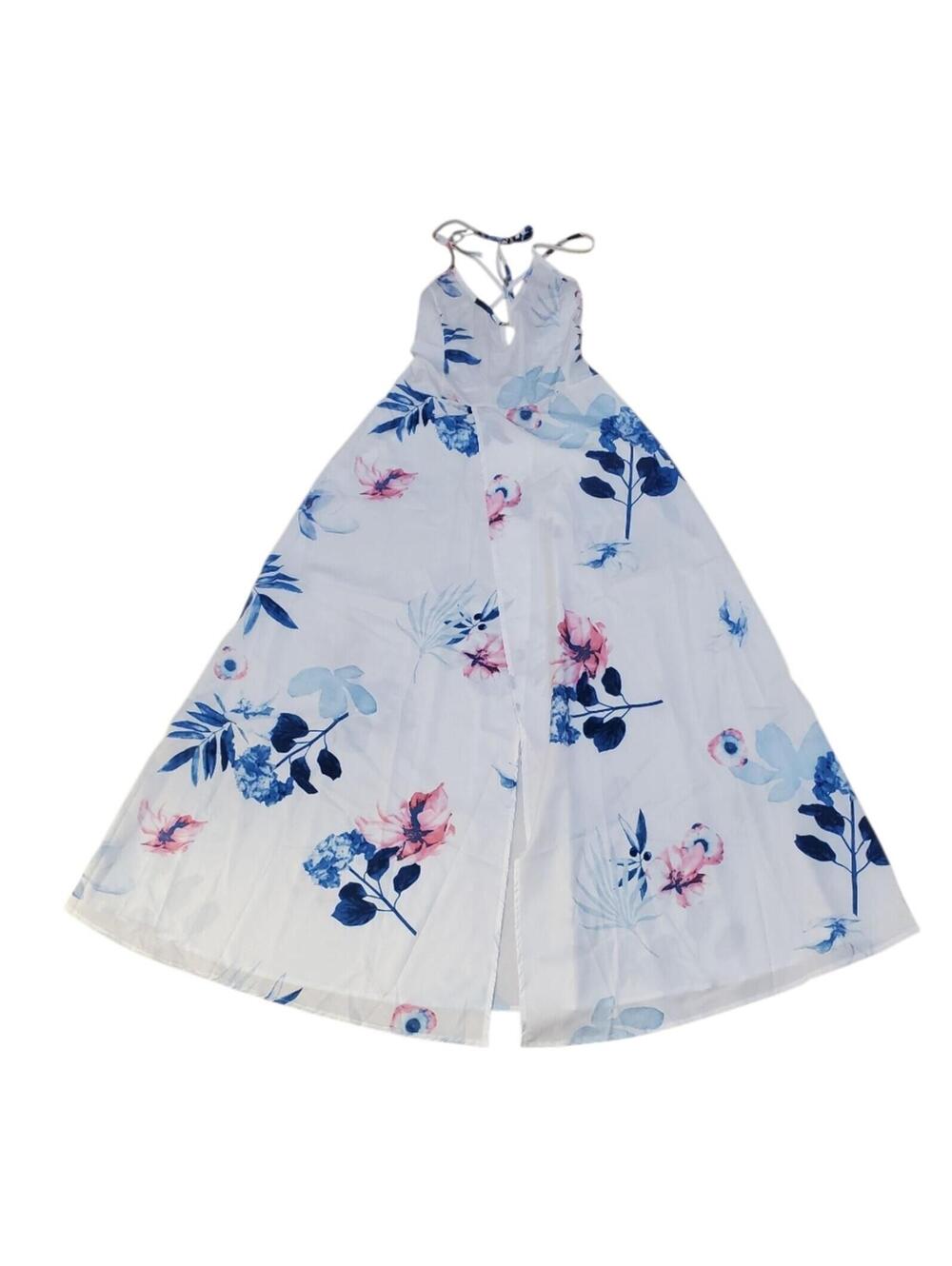 White Floral Maxi Dress Spaghetti Strap Halter Neck Criss Cross Back Slit - Picture 7 of 8